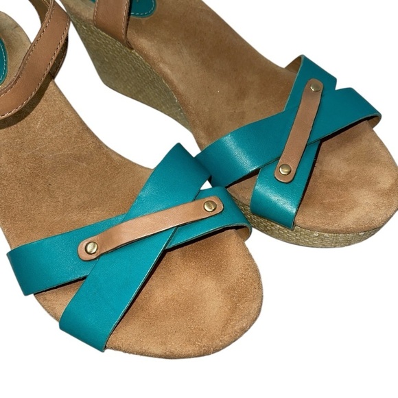 Clarks Artisan Women's Shoes Size 8.5M Turquoise/Brown Leather Wedge Platform - Picture 7 of 13